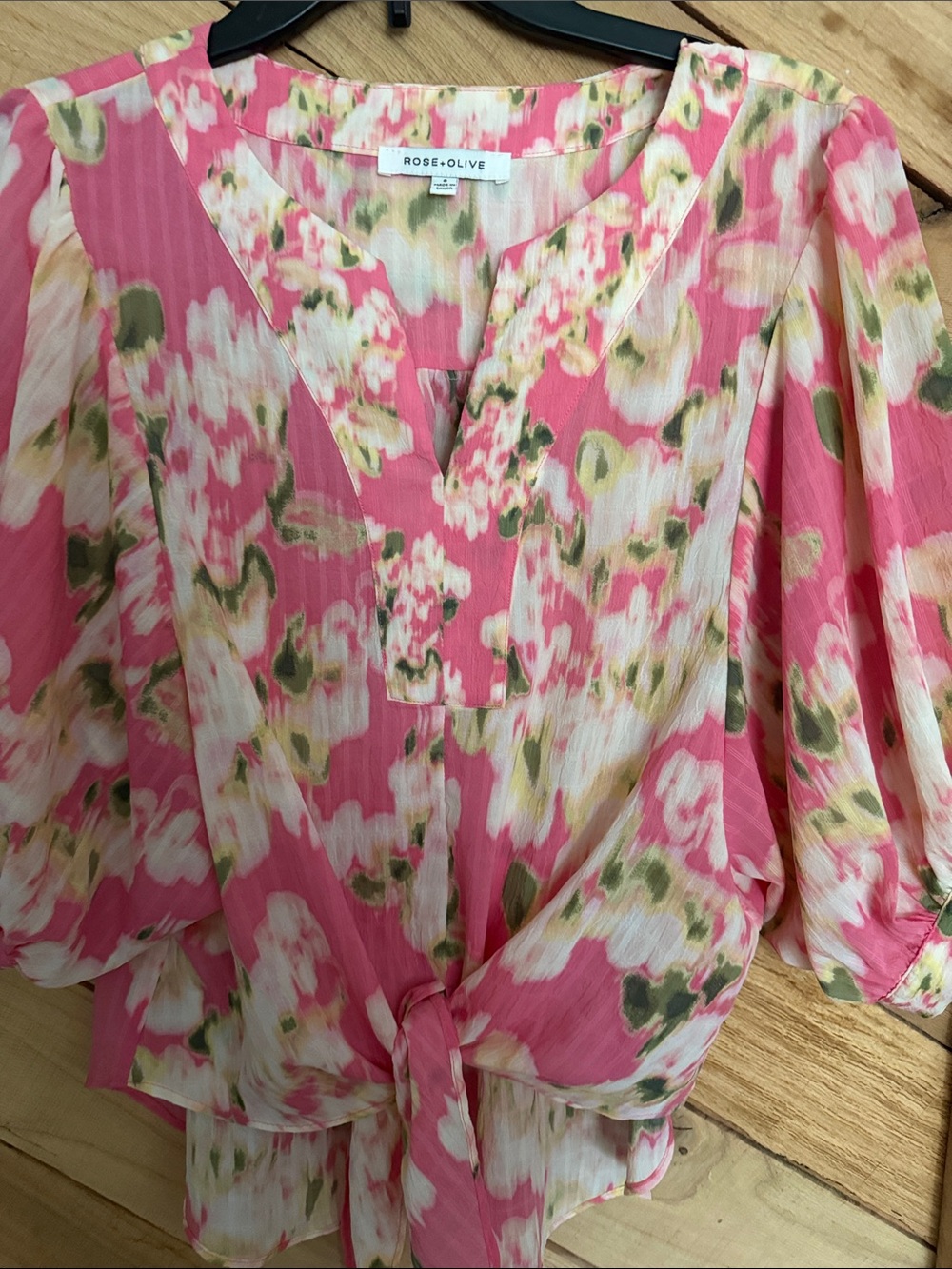 Rose & Olive Pink & Cream Floral Tie-Front V-Neck Blouse